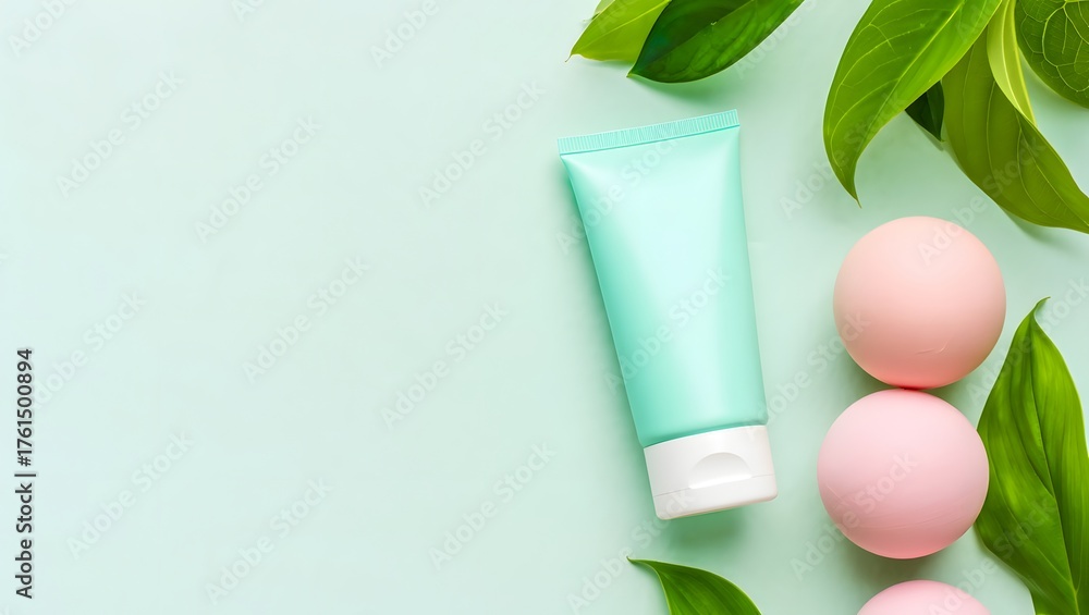 custom made wallpaper toronto digitalClean beauty products with leaves and pink spheres on a light green background color pallette