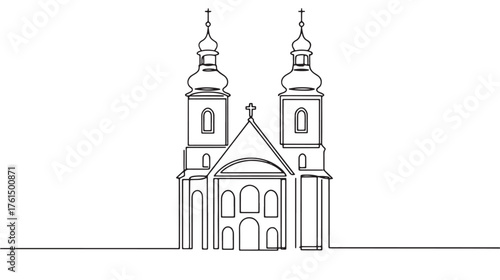 Elegant church facade with twin towers drawn in a continuous line art style