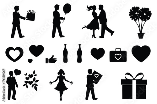 Elegant silhouette vector bundle featuring romantic couples gifts and flowers scalable eps illustration