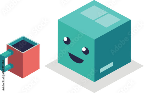 Isometric vector illustration of a cute cube ai companion and a small mug