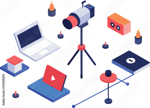 Isometric tech creator workspace vector illustration equipment for content creation