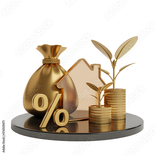 Golden money bag plant growing from stacked coins symbolic financial growth and investment success isolated on transparent background
