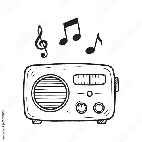 Cute hand-drawn retro radio doodle with musical notes. Simple black and white sketch illustration of a vintage music player. Isolated communication and entertainment icon.
