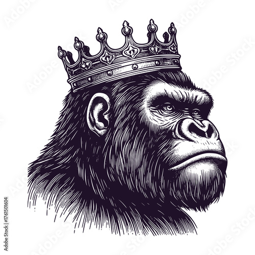gorilla wearing a crown black and white illustration