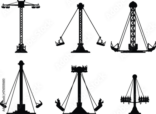 Pendulum ride silhouette, amusement park thrill rides, swinging arm structures, rotating seats, black shapes, entertainment icon, white background, carnival design, ride attraction