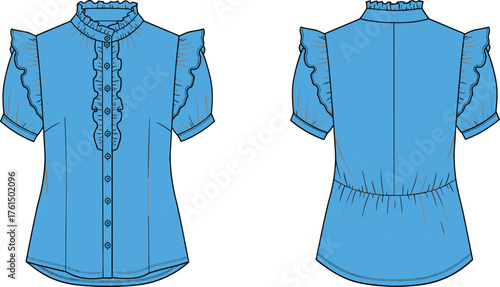 Ruffle trim blouse, short sleeve design, button front closure, fitted silhouette, fashion flat sketch, cad drawing, vector template, sewing pattern