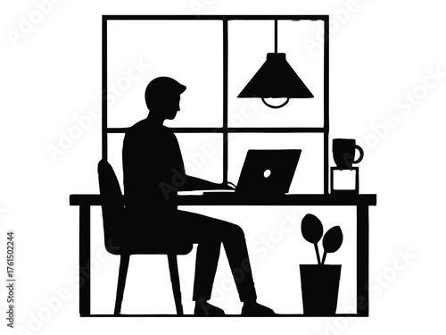 Vector art of man working on laptop at desk