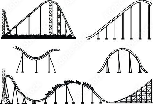 Roller coaster silhouette, amusement park rides, track design, thrill ride curves, loop structures, black shapes, ride dynamics, entertainment engineering, white background, fun attraction