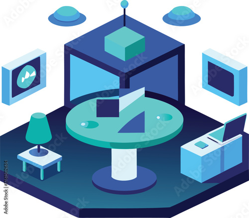 Isometric futuristic home office setup with tech and workspace elements vector illustration