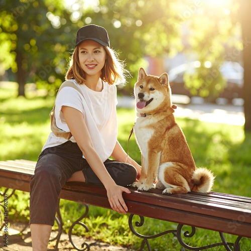 A woman and her dog sit happily on a park bench on a sunny day, with lush green foliage behind