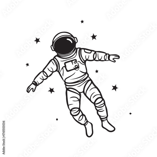 Minimalist astronaut logo design. Abstract one-line art of a floating spaceman in space with stars. Simple black and white vector icon for science and technology.

