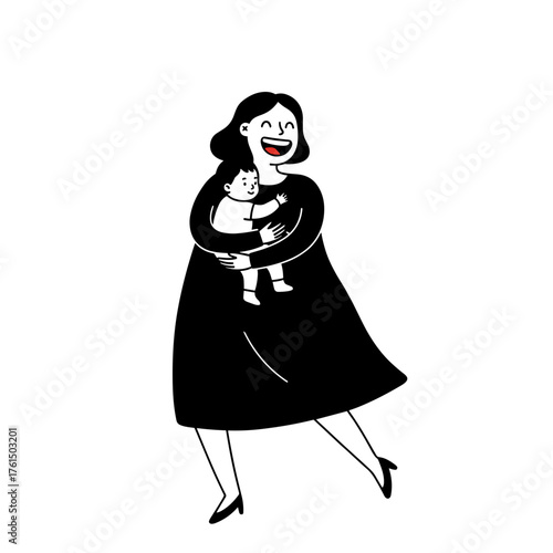 Happy plus-size woman holding a baby in her arms in a joyful design