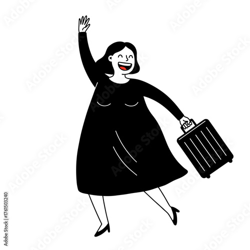 Happy plus-size woman with a suitcase ready for travel in a cheerful design
