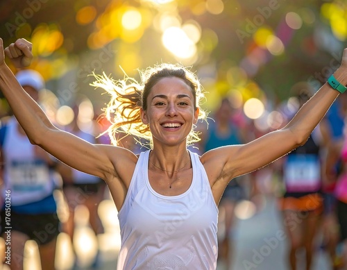 A woman, arms raised, beams in sunshine at a race. Other racers blur in the background, celebratory atmosphere