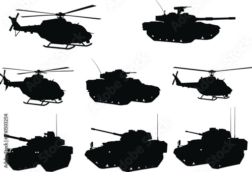 Silhouette of military helicopters and tanks, black icons, combat vehicles, defense equipment, war machines, tactical gear, vector illustration, armored transport, battlefield design