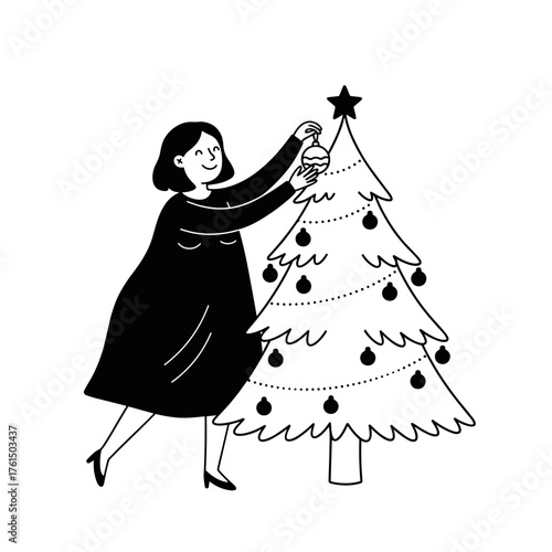 Happy plus-size woman decorating a Christmas tree in a festive design