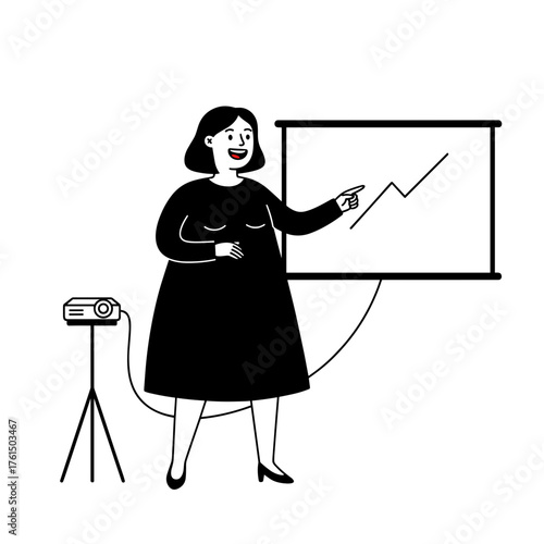 Happy plus-size woman leading a presentation with a projector in a cheerful design