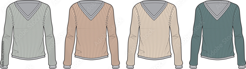 Obraz premium Fashion design template of long-sleeve V-neck women's sweaters in a varied color palette, perfect for apparel mockups and casual wear illustrations