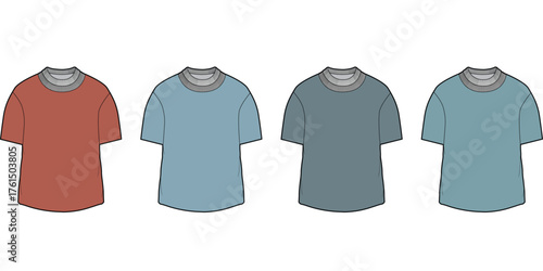 Flat lay vector illustration of four classic short-sleeved crew-neck t-shirts in a range of muted, versatile colors, perfect for casual apparel design and fashion mockups