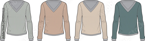 Fashion design template of long-sleeve V-neck women's sweaters in a varied color palette, perfect for apparel mockups and casual wear illustrations