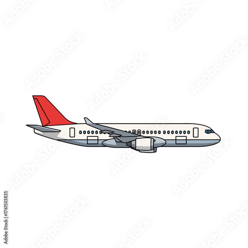 Side view illustration of a passenger airplane with a red tail fin, ready for travel.