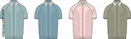 Collection of men's short sleeve zip-up jacket fashion flat vector templates. Casual summer sportswear apparel design mockups in various colors