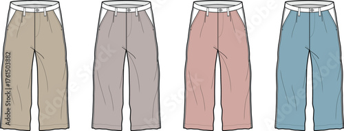 Collection of Four Colored Wide-Legged Trousers with Pockets and Belt Loops, Flat Design