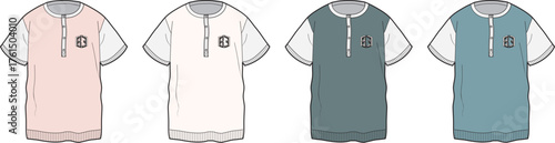 Fashion flat sketch of four t-shirts in different colors with collar and button detailing, a versatile garment for casual wear