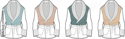 Fashionable belted cardigan sketches in pastel hues with overlapping design