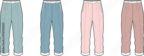 Fashion illustration of four pairs of casual lounge pants in different pastel colors