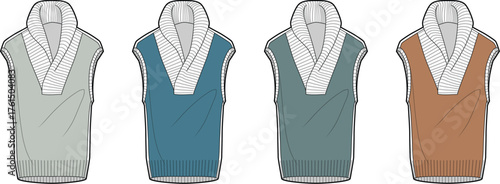 Vector fashion design template of a sleeveless V-neck vest or tunic top. A collection of garment flat sketches in various colors for apparel production