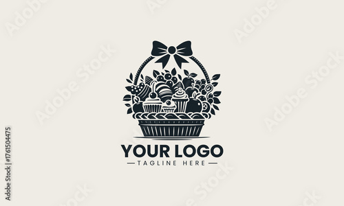 Elegant gift basket filled with delicious cakes and fresh fruits vector logo illustration design  