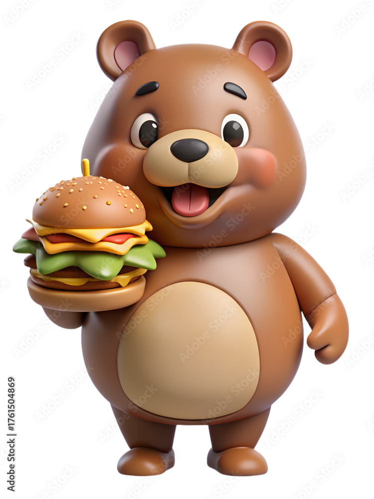 Fototapeta premium Cute 3D Cartoon Bear Holding a Juicy Hamburger with Cheese