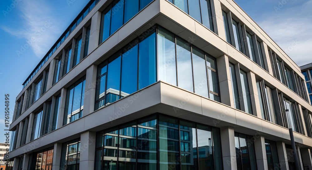 Obraz premium Sleek Bank Exterior with Glass Geometry and Powerful Structural Lines