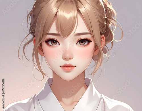 Digital portrait of a young woman with light skin, rosy cheeks, and styled blonde hair, wearing a white garment