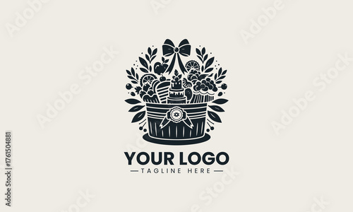 Elegant gift basket filled with delicious cakes and fresh fruits vector logo illustration design  