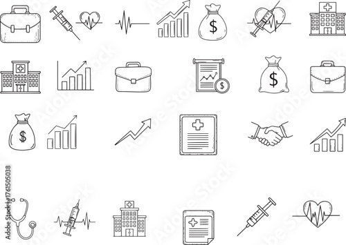Doodle drawing set of hand-drawn finance icons including money, business charts, and calendar symbols for web illustration