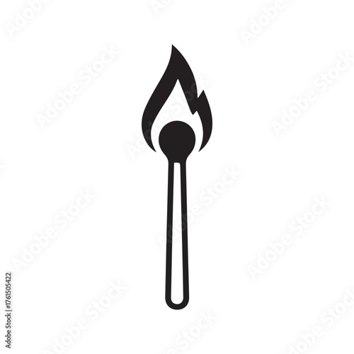 Simple burning match icon. Minimalist line art of a lit matchstick with a flame. Black and white vector illustration for logo, tattoo, or symbol of fire, light, and ideas.
