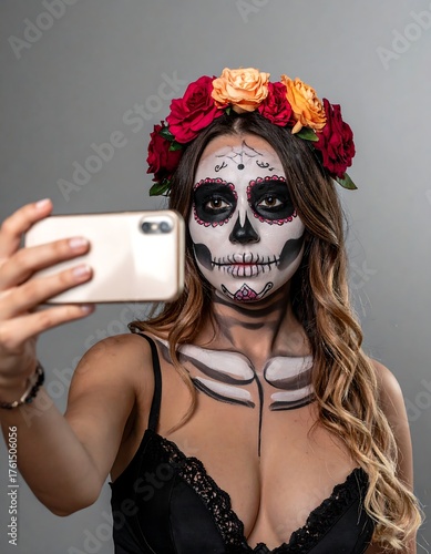 A woman, face painted as a skull, takes a selfie. She wears a flower crown and a black top. The background is plain gray