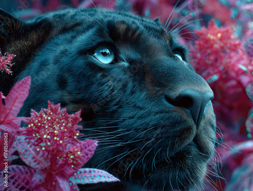 Close-up of a black panther with piercing blue eyes surrounded by vibrant pink flowers, creating a surreal and majestic jungle atmosphere.
