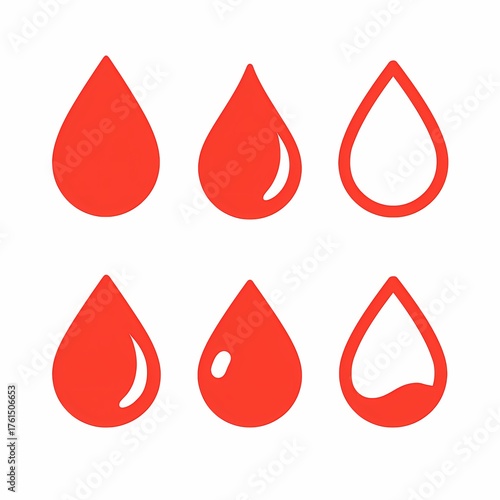 Creative Red Droplet Icons Set, Flat Cartoon Water and Blood Drop Design Collection