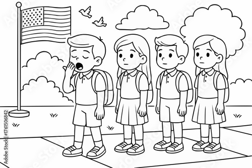 Coloring book for kids - Children yawning while walking near American flag in schoolyard  