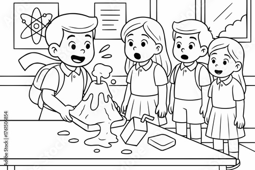Coloring book for kids - Boy demonstrating volcano experiment to classmates in classroom  