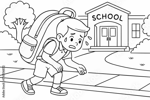 Coloring book for kids - Young boy walking tiredly with backpack near school building  