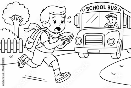 Coloring book for kids - Young boy running towards school bus while holding books  