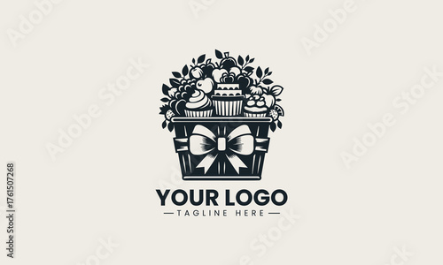 Elegant gift basket filled with delicious cakes and fresh fruits vector logo illustration design  
