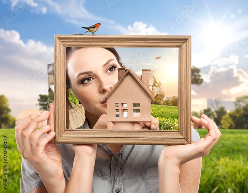 A woman holds a frame with a miniature house inside, gazing at a bright, sunny landscape with green fields and clouds. A bird sits atop the frame