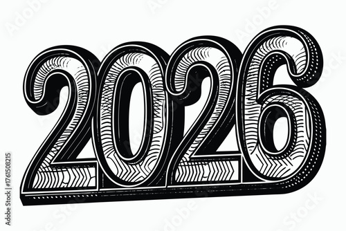 Vector art of bold, stylized numbers 2026 for new year in a vintage, engraved, black and white illustration style, isolated on white background.