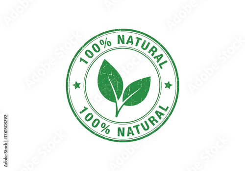 Circular stamp emblem featuring two green leaves and the text 100 percent natural