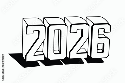 Vector art of bold 3d outline of the year 2026 in black and white.
